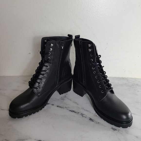 Steve Madden Black Leather Moto Combat Heeled Boots Size 9.5 New With Box - Picture 4 of 6